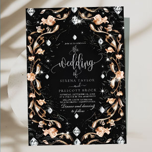 Convites Casamento de Ouros Florais Pretos de Luxo