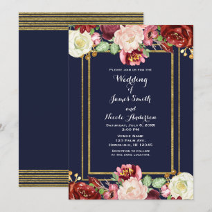 Convites Casamento de Outono Azul e Dourado Chic Floral Ous