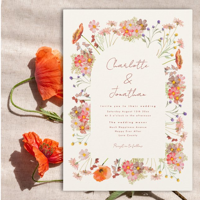 Convites Casamento de Outono Boho com Flores Silvestres (Boho whimsical wildflower wedding invitation with watercolor florals in earth tones)