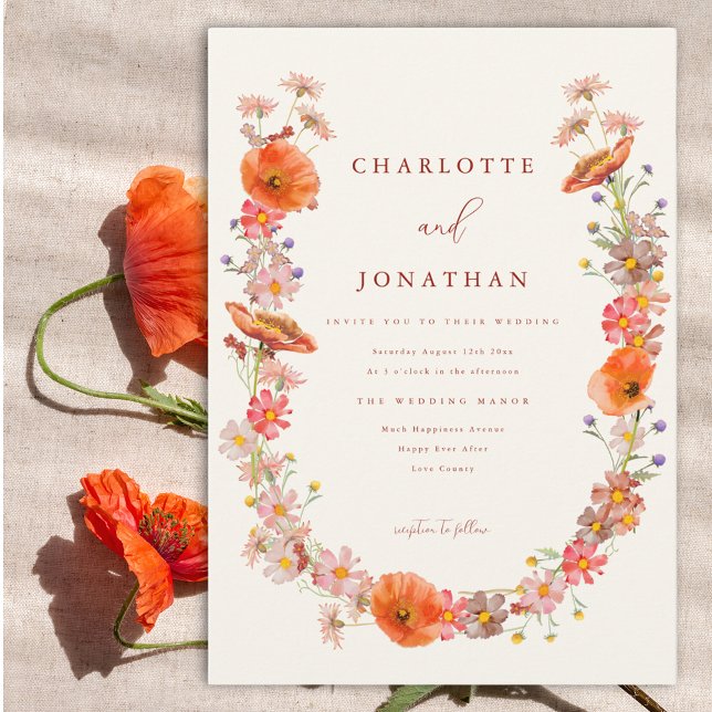 Convites Casamento de Outono Boho com Flores Silvestres (Modern wildflower wedding invitation with watercolor florals boho wreath)