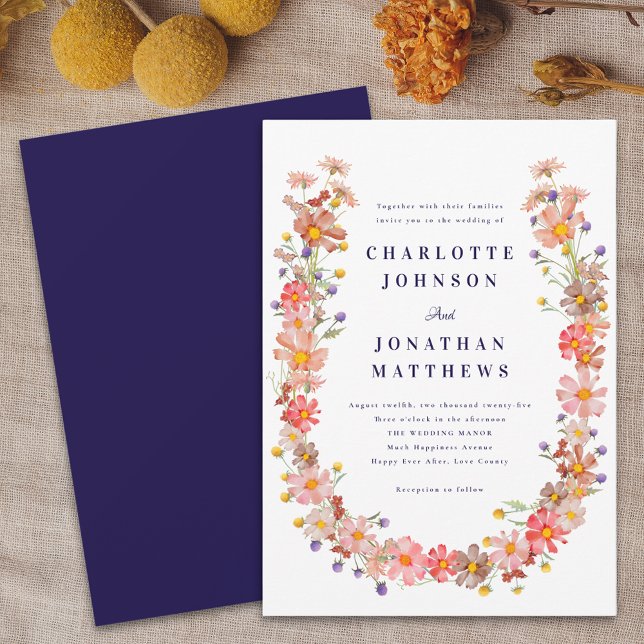 Convites Casamento de Outono Boho com Flores Silvestres (Boho fall floral wildflower wreath navy blue and white wedding invitation autumn colors Watercolor)