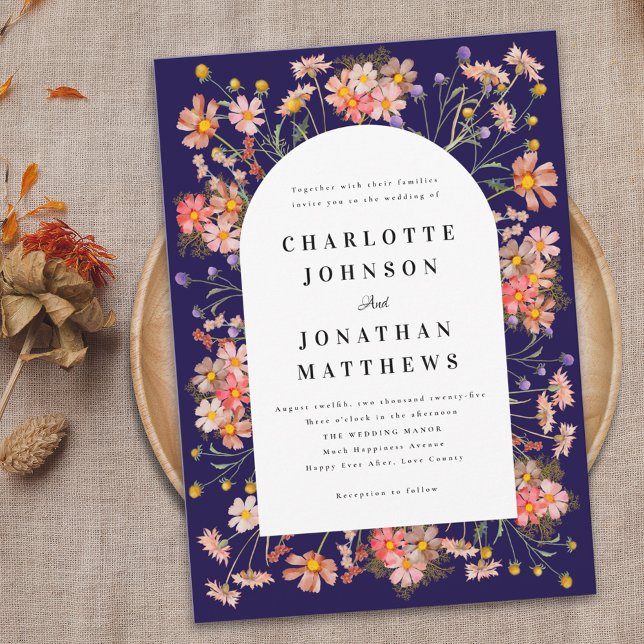 Convites Casamento de Outono Boho com Flores Silvestres (Boho rustic wildflower navy blue fall wedding invitation Elegant modern watercolor florals)