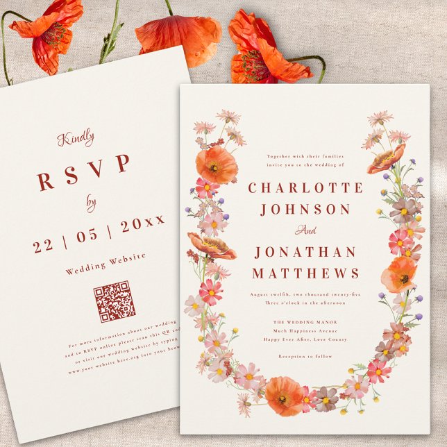 Convites Casamento de Outono Boho com Flores Silvestres (Boho dried flowers fall wedding invitation with qr code)