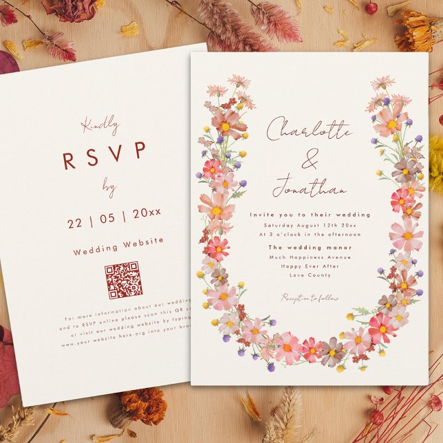 Convites Casamento de Outono Boho com Flores Silvestres (Boho wildflower wreath fall wedding invitation with burnt orange whimsical script)