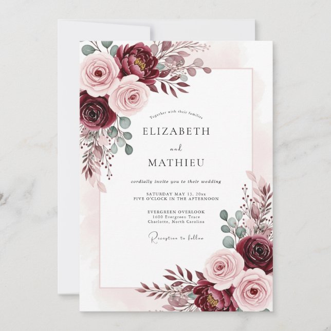 Convites Casamento de Outono com Aquarela em Bege Borgonha (Frente)
