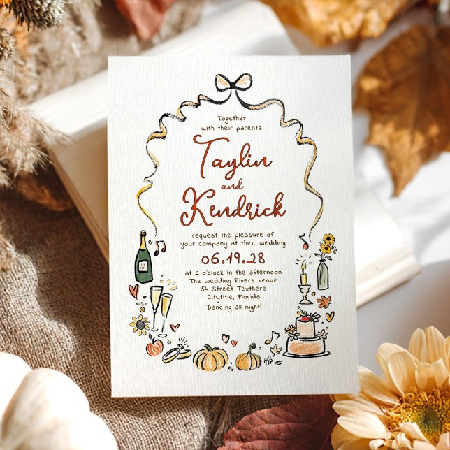Convites Casamento de Outono com Desenhos à Mão Caprichosos (Funky Whimsical Hand-drawn Fall Wedding Invitation)