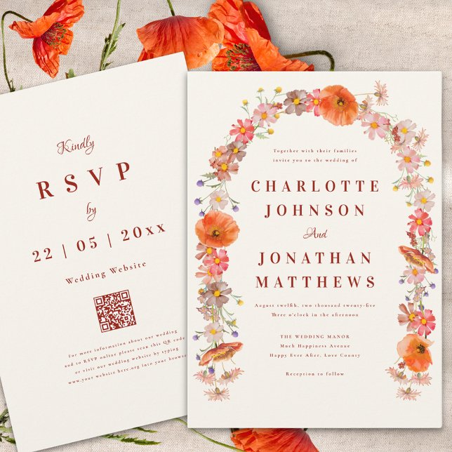 Convites Casamento de Outono com Flor Silvestre Elegante (Boho wildflower arch fall wedding invitation burnt orange elegant script and wedding website qr code)