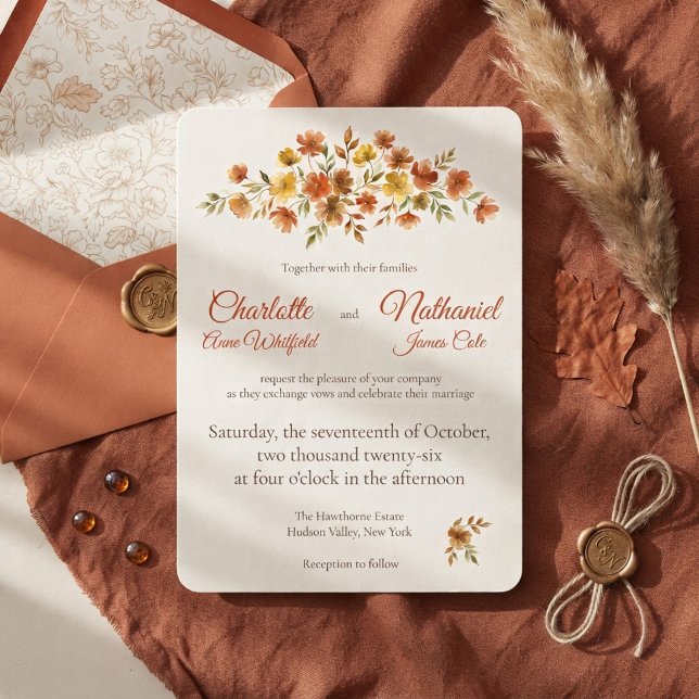 Convites Casamento de Outono com Flor Silvestre Terracota B (Criador carregado)