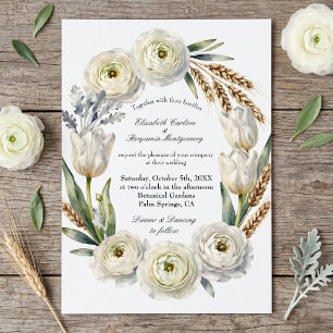 Convites Casamento de Outono com Floral Branco em Aquarela
