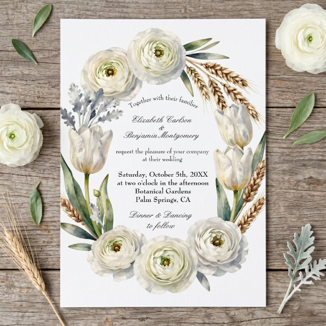 Convites Casamento de Outono com Floral Branco em Aquarela  (Criador carregado)