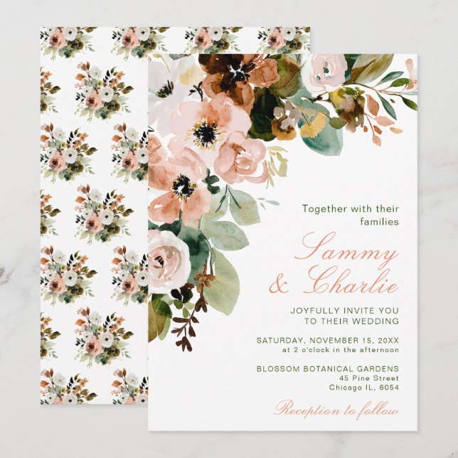 Convites Casamento de Outono com Flores e Folhagens Rosa Be (Frente/Verso)