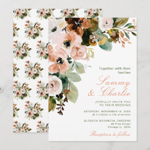 Convites Casamento de Outono com Flores e Folhagens Rosa Be