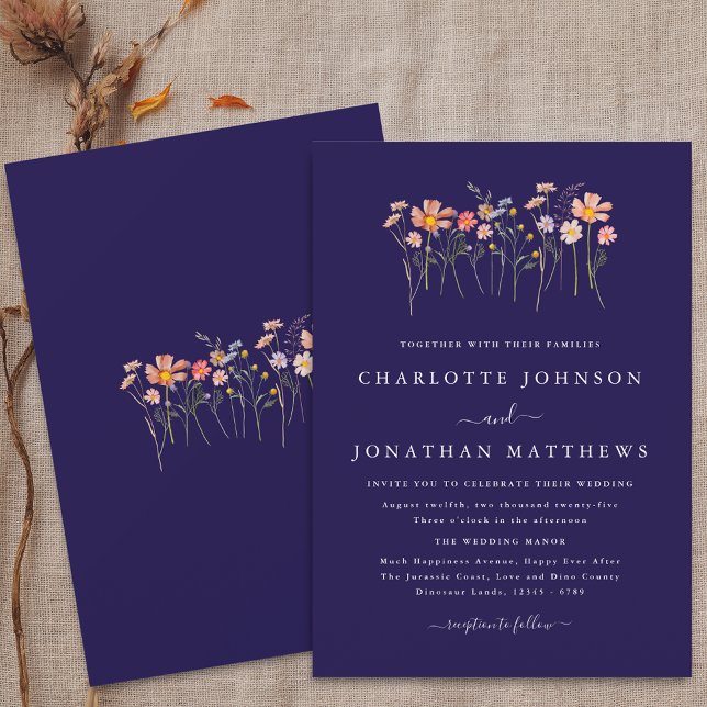 Convites Casamento de Outono com Flores Silvestres Azul Nav (Boho fall simple Wildflower floral navy blue terracotta blush pink Wedding invitation)