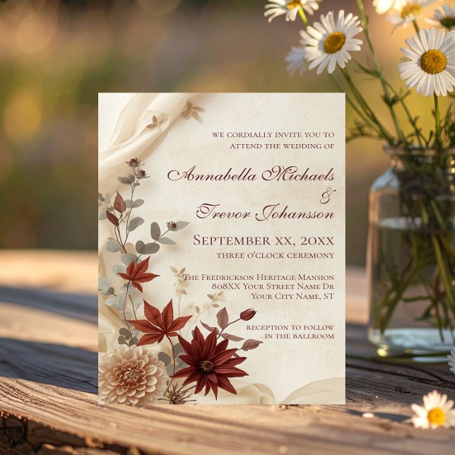 Convites Casamento de Outono com Folhagem Floral e Linho (Criador carregado)