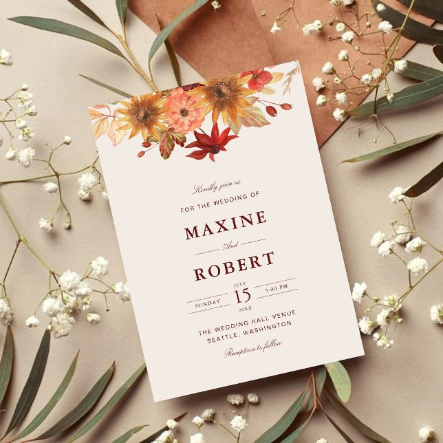 Convites Casamento de Outono com Folhas de Outono Elegantes (Autumn wedding invitation with elegant fall leaves adds warmth to your special day.)