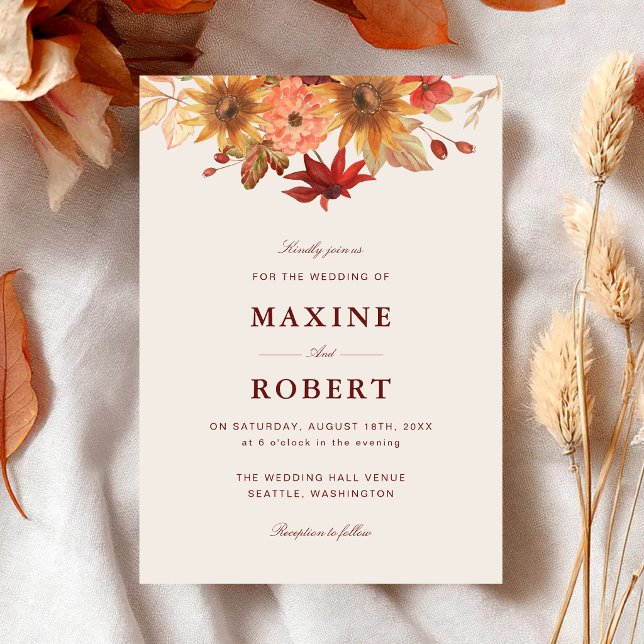 Convites Casamento de Outono com Folhas de Outono Elegantes (Elegant fall leaves wedding invitation adds warm autumn charm to your wedding celebration.)