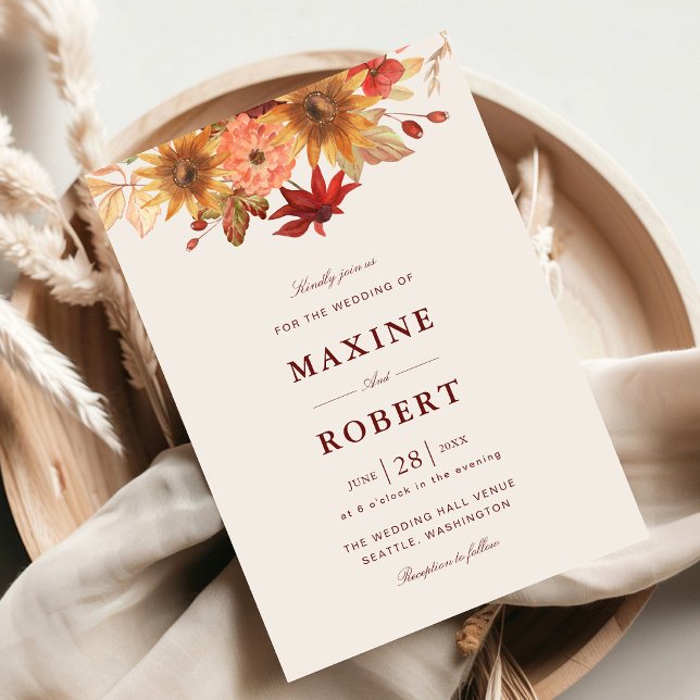 Convites Casamento de Outono com Folhas de Outono Elegantes (Fall leaves wedding invitation brings elegant autumn warmth to your personalized celebration.)