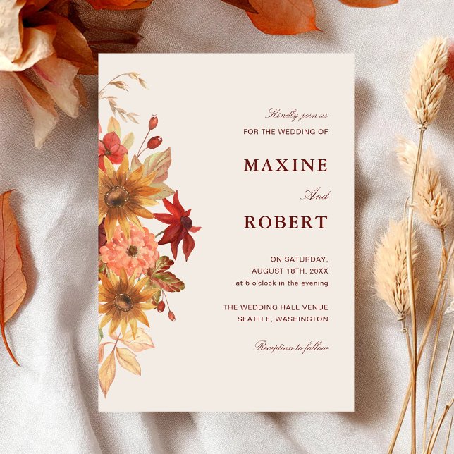 Convites Casamento de Outono com Folhas de Outono Elegantes (Elegant autumn wedding invitation brings warm fall leaves charm to your special day.)