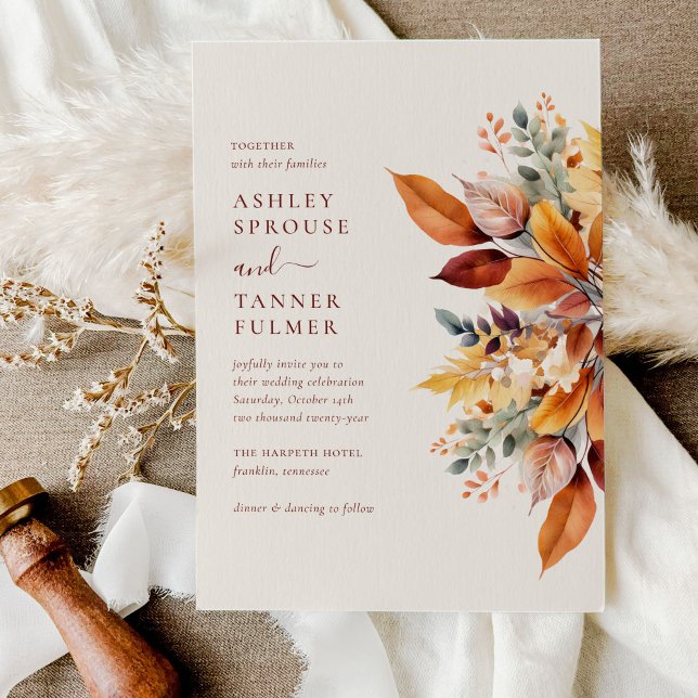 Convites Casamento de Outono com Folhas de Outono Elegantes (Criador carregado)