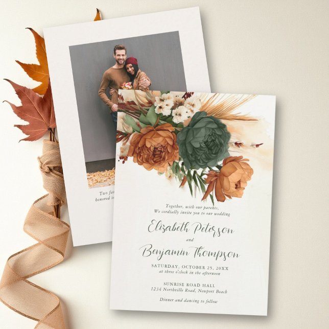 Convites Casamento de Outono com Laranja Queimado, Ferrugem (fall wedding invitation burnt orange dark green boho dry floral elegant romantic photo quote)