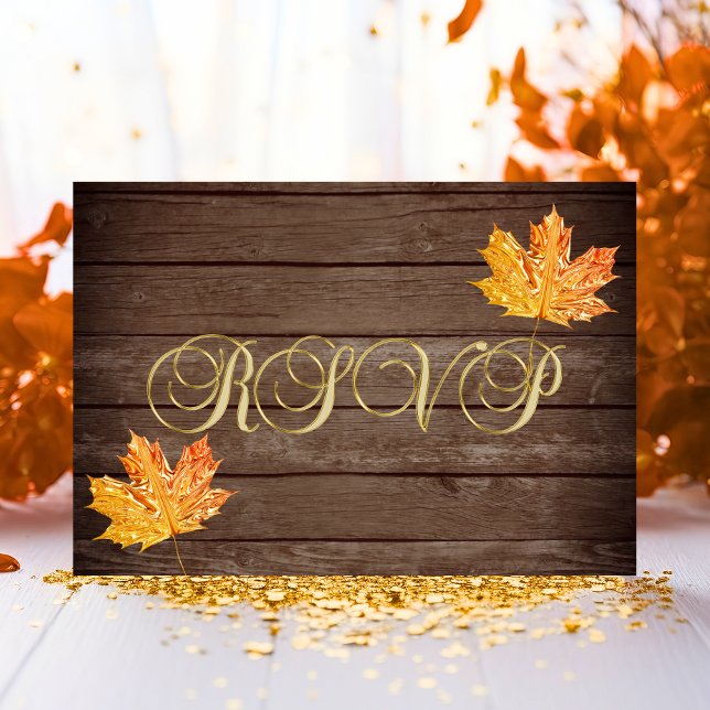 Convites Casamento de Outono com RSVP em Madeira Rústica Pe (Personalized Rustic Wood Country Fall RSVP Wedding Invitation)