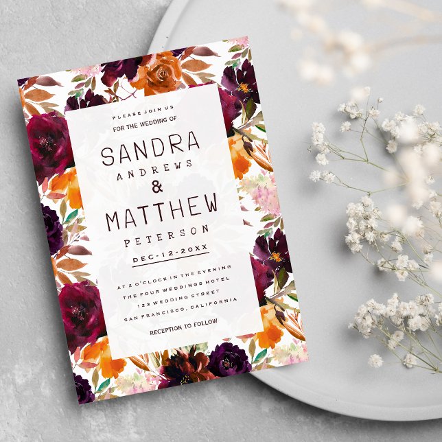 Convites Casamento de outono, cor-de-rosa-vermelho-burgundy (Watercolor burgundy red orange pink Autumn Wedding Invitation)