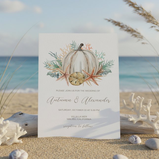 Convites Casamento de Outono Costeiro com Abóbora & Conchas (Criador carregado)