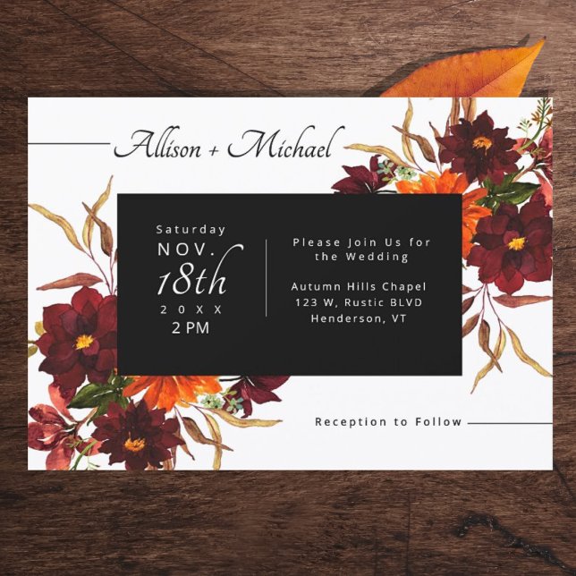 Convites Casamento de Outono Dália Laranja Queimada Borgonh (Burgundy Burnt Orange Dahlia Fall Wedding Invitation)