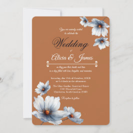 Convites Casamento de outono de Terracotta Blue Floral Chic