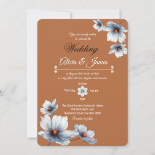 Convites Casamento de outono de Terracotta Blue Floral Chic