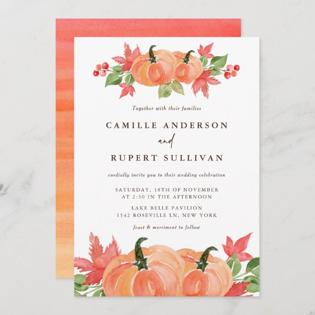 Convites Casamento de outono de Watercolor Pumpkins (Frente/Verso)