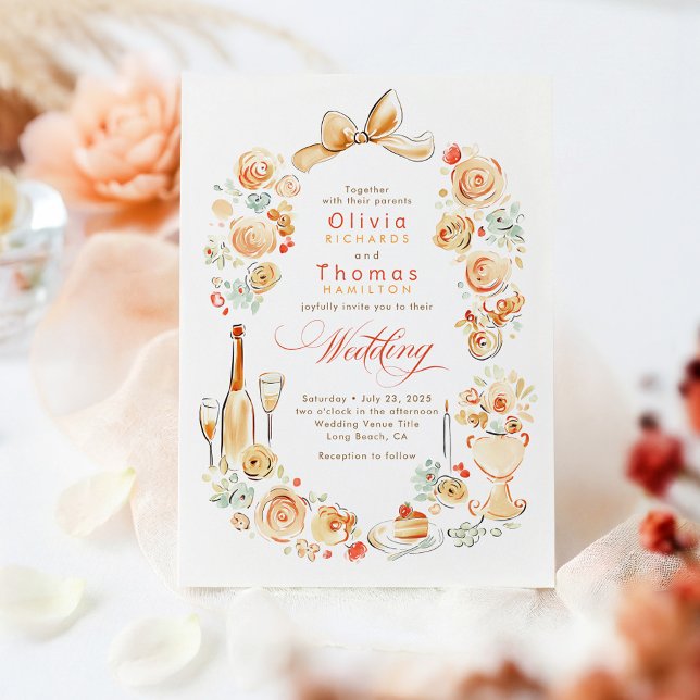 Convites Casamento de Outono Desenhado à Mão com Florais Fr (Terracotta Whimsical Hand-drawn Fall Wedding Invitations)