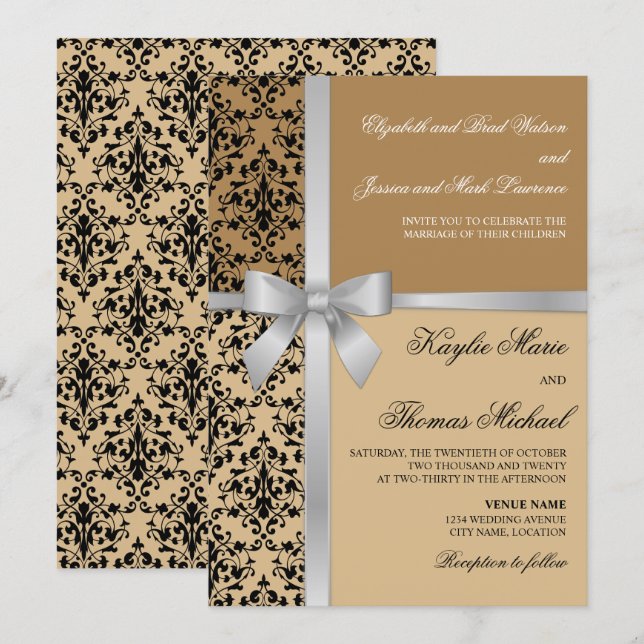 Convites Casamento de outono do Damask Faux Silver Ribbon (Frente/Verso)