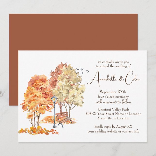 Convites Casamento de Outono em Aquarela no Parque (Frente/Verso)