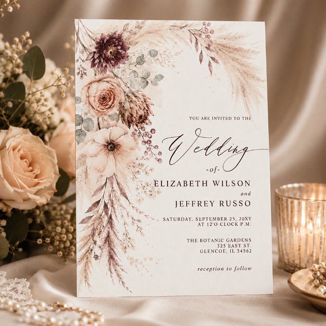 Convites Casamento de Outono em Terracota com Grama das Pam (Burgundy Pampas Grass Terracotta Fall Wedding Invitation)
