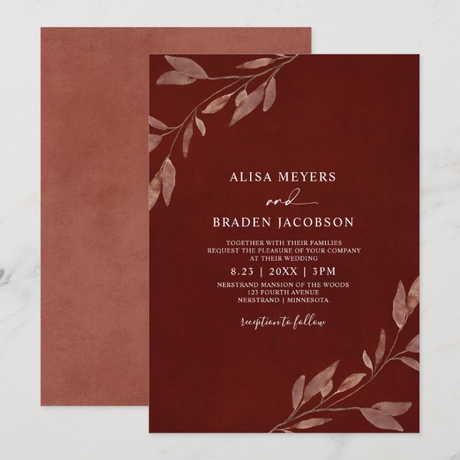 Convites Casamento de Outono Ferrugem Folhas de Outono Folh (Frente/Verso)