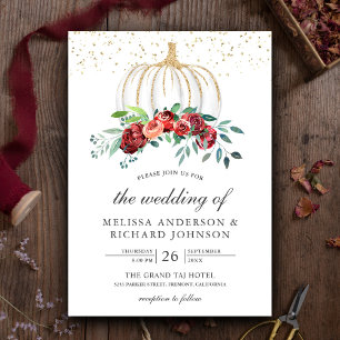 Convites Casamento de Outono Floral Borgonha Abóbora Branca
