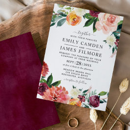 Convites Casamento de Outono Floral Borgonha com Botânicos 