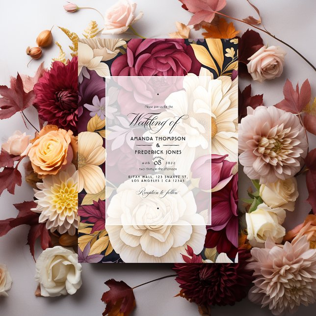 Convites Casamento de Outono Floral em Borgonha, Dourado e  (Criador carregado)