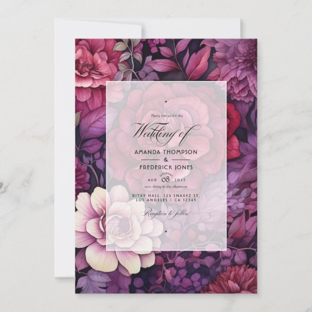 Convites Casamento de Outono Floral em Marrom e Roxo Escuro (Frente)