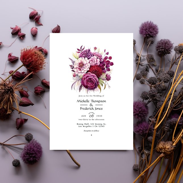 Convites Casamento de Outono Floral em Marrom e Roxo Escuro (Criador carregado)