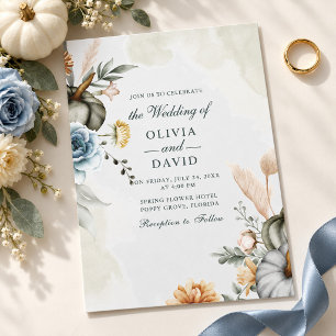 Convites Casamento de Outono Floral em Poeira Azul com Abób