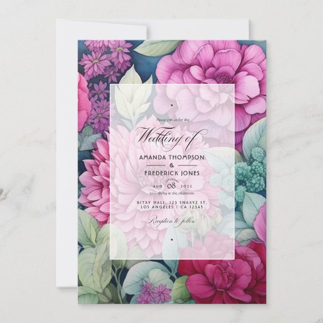 Convites Casamento de Outono Floral Magenta e Sage (Frente)