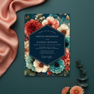 Convites Casamento de Outono Floral Opulento Verde Azul