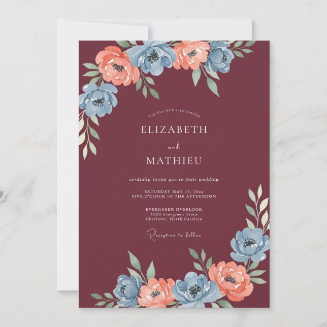 Convites Casamento de Outono Ilustrativo em Borgonha (Frente)