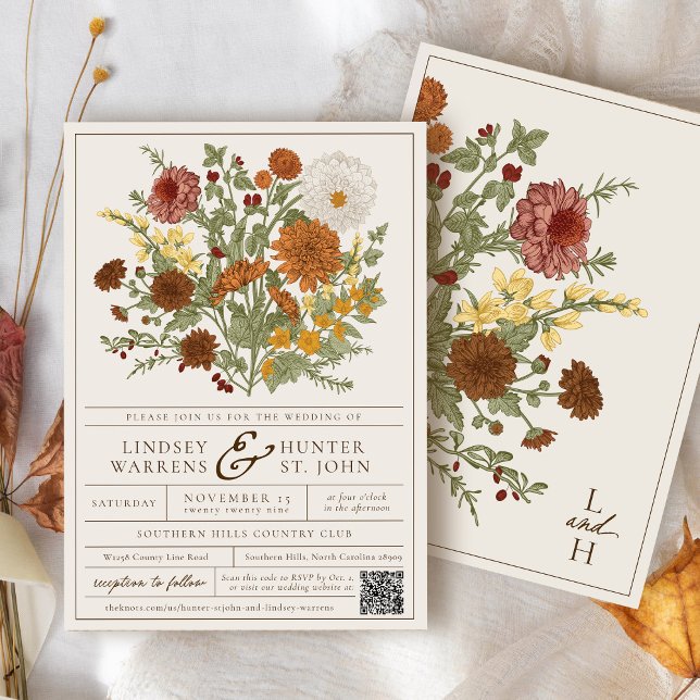 Convites Casamento de Outono no Jardim Romântico com Floral (Sage green, brown, terracotta orange retro rustic fall floral vintage flower bouquet wedding invite)
