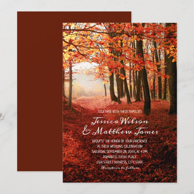 Convites Casamento de outono Rustic Forest Burgundy (Frente/Verso)