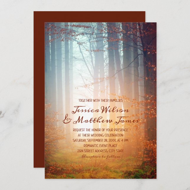Convites Casamento de outono Rustic Forest Burgundy (Frente/Verso)