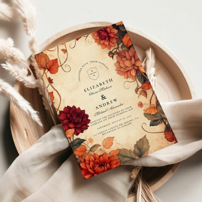 Convites Casamento de Outono Rústico com Design Floral Vint (Criador carregado)