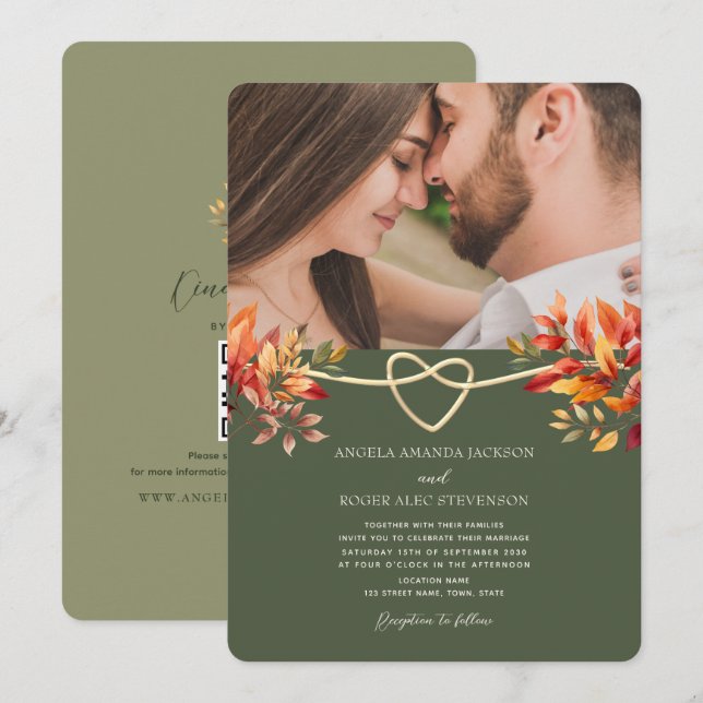 Convites Casamento de Outono Rústico em Verde Oliva em Foto (Frente/Verso)